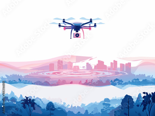 a drone hovering above a stylized landscape with a city and mountains