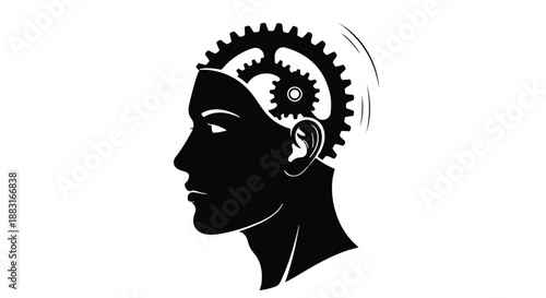 Silhouette of a head with gears inside symbolizing thought and mechanics