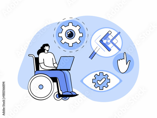 a woman in a wheelchair using a laptop with accessibility icons around her