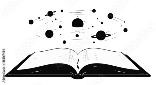 Open book transforming into a magical swirling galaxy of planets and stars, symbolizing imagination and knowledge.