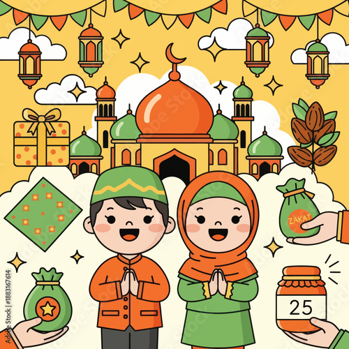 Cute Muslim Boy and Girl Celebrating Eid al-Fitr with Mosque and Lanterns, Zakat Charity Concept with Rice and Bedug Drum, Islamic Holiday Greeting Vector Illustration.