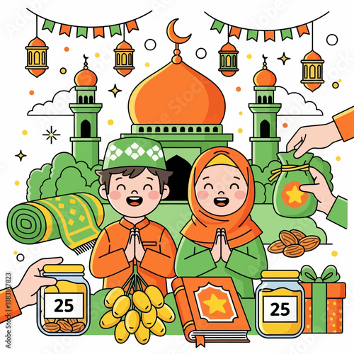 Cute Muslim Boy and Girl Celebrating Eid al-Fitr with Mosque and Lanterns, Zakat Charity Concept with Rice and Bedug Drum, Islamic Holiday Greeting Vector Illustration.