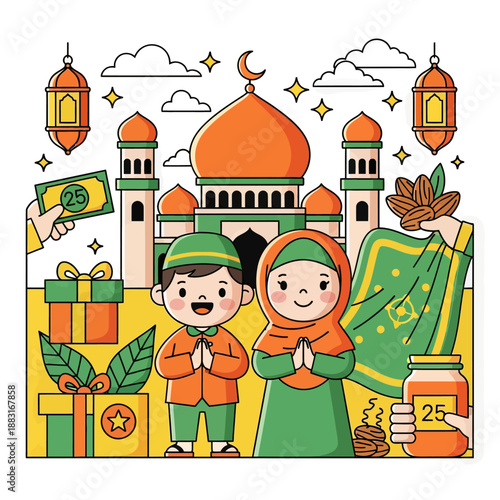 Cute Muslim Boy and Girl Celebrating Eid al-Fitr with Mosque and Lanterns, Zakat Charity Concept with Rice and Bedug Drum, Islamic Holiday Greeting Vector Illustration.