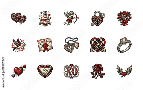 Vintage Woodcut Engraving Romantic Love Symbols Element Graphic Kit for Valentine's Day Stationery