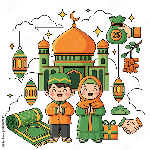 Cute Muslim Boy and Girl Celebrating Eid al-Fitr with Mosque and Lanterns, Zakat Charity Concept with Rice and Bedug Drum, Islamic Holiday Greeting Vector Illustration.