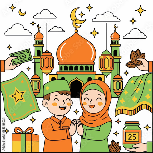 Cute Muslim Boy and Girl Celebrating Eid al-Fitr with Mosque and Lanterns, Zakat Charity Concept with Rice and Bedug Drum, Islamic Holiday Greeting Vector Illustration.