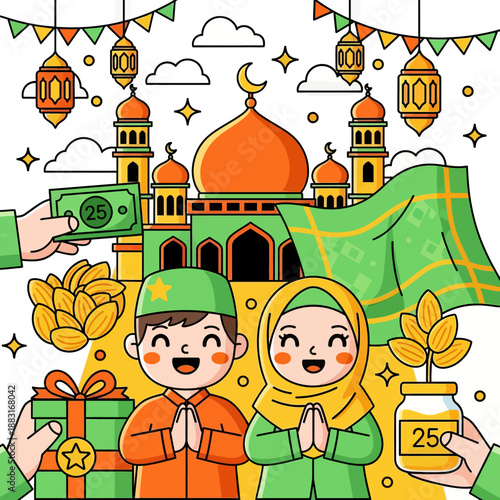 Cute Muslim Boy and Girl Celebrating Eid al-Fitr with Mosque and Lanterns, Zakat Charity Concept with Rice and Bedug Drum, Islamic Holiday Greeting Vector Illustration.