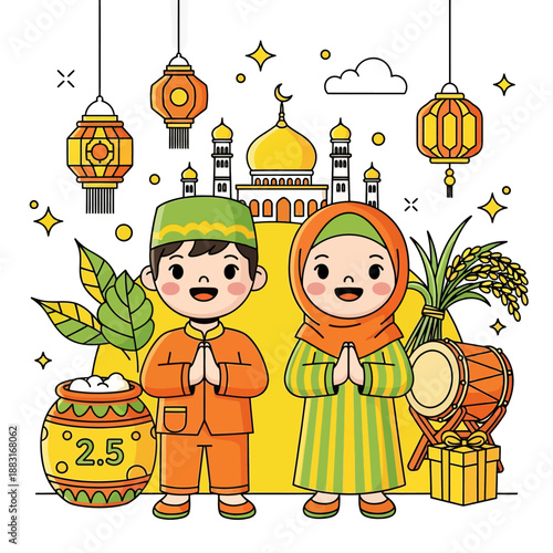 Cute Muslim Boy and Girl Celebrating Eid al-Fitr with Mosque and Lanterns, Zakat Charity Concept with Rice and Bedug Drum, Islamic Holiday Greeting Vector Illustration.