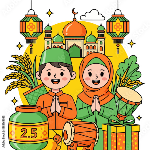 Cute Muslim Boy and Girl Celebrating Eid al-Fitr with Mosque and Lanterns, Zakat Charity Concept with Rice and Bedug Drum, Islamic Holiday Greeting Vector Illustration.