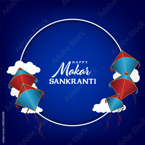 Happy Makar Sankranti circular frame design with kites and clouds on blue background. Vector eps10.