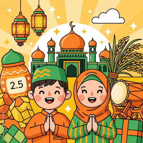 Cute Muslim Boy and Girl Celebrating Eid al-Fitr with Mosque and Lanterns, Zakat Charity Concept with Rice and Bedug Drum, Islamic Holiday Greeting Vector Illustration.