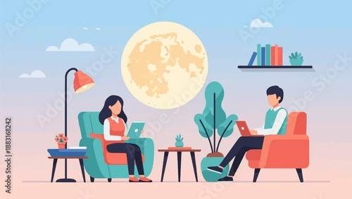 Two people relax indoors using laptops under a large moon