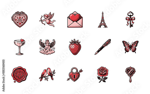 Vintage Woodcut Romance Elements Graphic Set for Valentine's Day Stationery and Branding