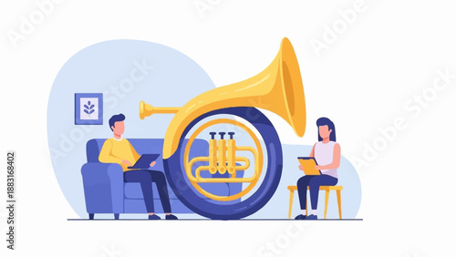 Two people interact with a large French horn in a modern, abstract setting