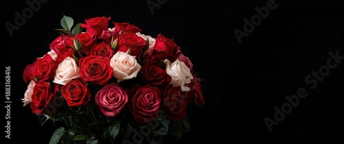 Holiday gift featuring roses with selective focus on black background