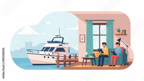 Two people read indoors while a yacht docks outside