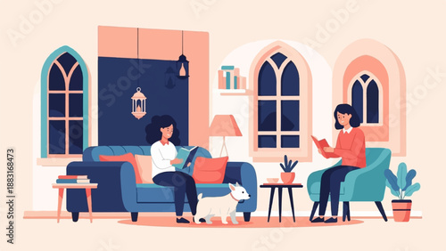 Two people reading books in a living room with a dog