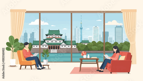 Two people read indoors overlooking a scenic city and traditional architecture