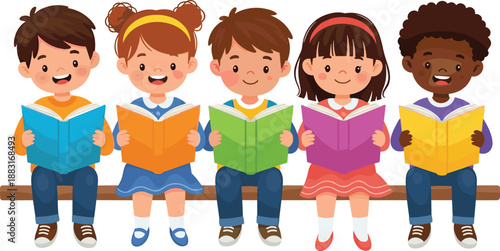 Cartoon children sitting on bench reading colorful books with cheerful expressions, literacy and education theme illustration, transparent background graphic