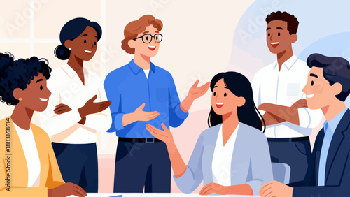 A group of people are sitting around a table, smiling and talking to each other. Scene is friendly and positive, as the people seem to be enjoying each other's company