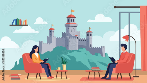 Two people reading in comfortable chairs, with a castle visible outside