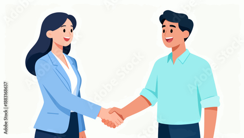 A woman shakes hands with a man. The man is smiling. The woman is wearing a blue jacket