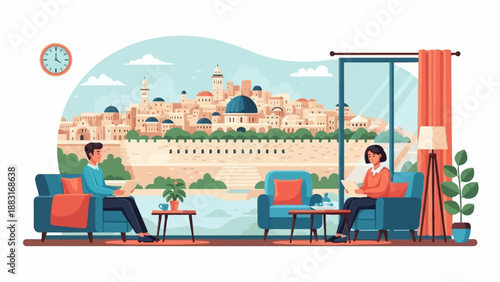 Two people reading in armchairs with a panoramic ancient city view