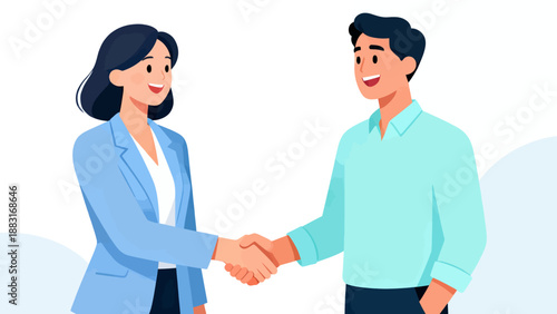 A man and a woman shaking hands. The man is wearing a blue shirt and the woman is wearing a blue jacket