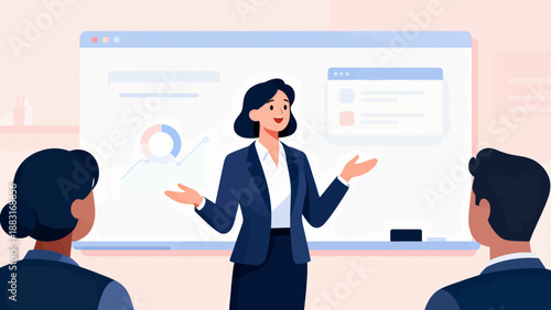 A woman is giving a presentation to a group of people. She is wearing a suit and is smiling. The people in the audience are looking at her attentively