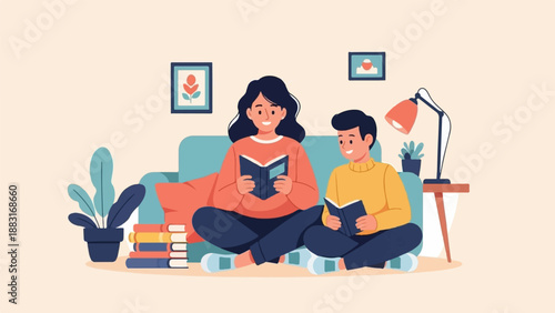 Two people reading books on floor next to couch and bookshelf