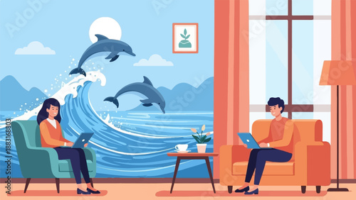 Two people relax at home on laptops with a vibrant ocean scene outside