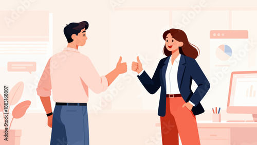 A man and a woman are giving each other thumbs up. The man is wearing a white shirt and the woman is wearing a black jacket. They are standing in front of a computer monitor