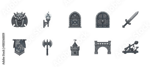 Detailed Stone Medieval Fantasy Illustration Asset Sheet for RPG Game World Building and Tabletop Design