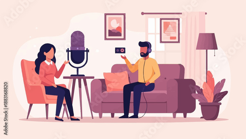 Two people record a podcast in a living room with a microphone and couch