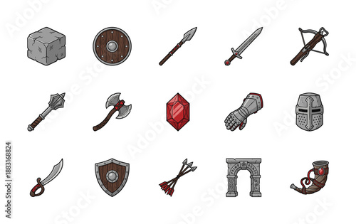 Stylized Hand-Drawn Medieval Fantasy Weapons and Equipment Asset Sheet for RPG Game Interface Design