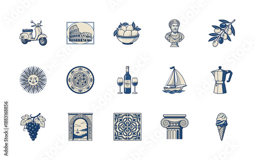 Engraved Woodcut Mediterranean Cultural Elements Illustration Kit for Italian Travel and Culinary Branding