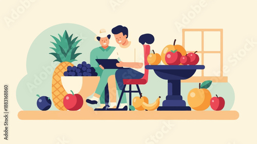 Two people looking at a tablet with a fruit assortment in a stylized setting