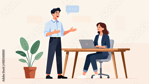 A man and a woman are sitting at a desk with a laptop. The man is giving instructions to the woman, who is listening intently. The laptop is open and displaying some type of document or presentation