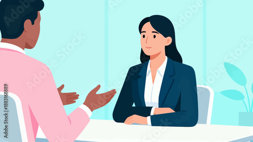 A woman in a suit sits at a desk with a man. The man is talking to her