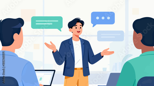 A man is giving a presentation to three other people. The man is wearing a suit and is smiling. The other people are sitting in chairs and are looking at the man. There are two laptops on the table