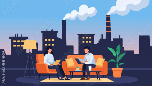 Two people meet in a living room with an industrial cityscape in the background