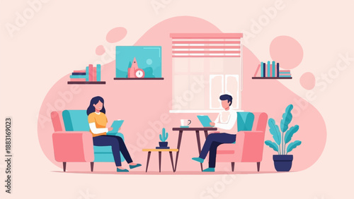 Two people relax in a cozy living room, reading and conversing