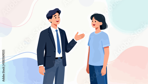 A man and a woman are talking to each other. The man is wearing a suit and tie