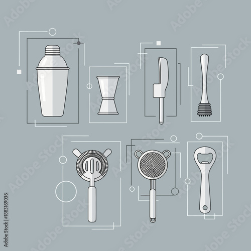 Stylish Bartender Toolkit Graphics Set with Cocktail Utensils for Creative Menu Design