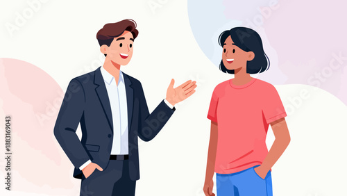 A man and a woman are talking to each other. The man is wearing a suit and the woman is wearing a pink shirt