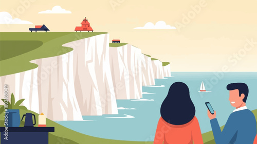Two people observe a seascape with cliffs, boats, and quaint buildings