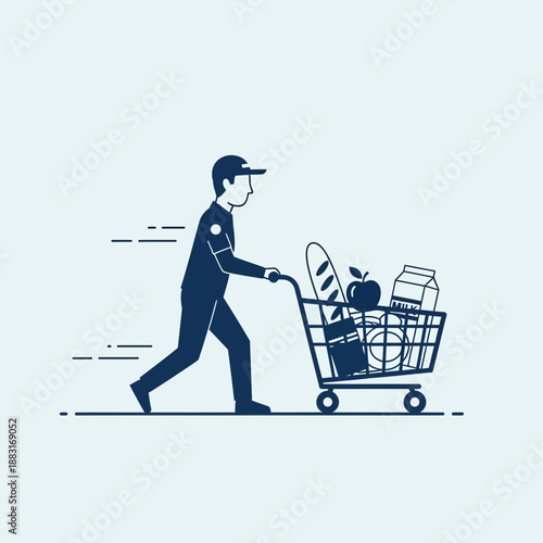 Swift Delivery Service: Silhouette Of A Courier Transporting Groceries In A Shopping Cart Quickly