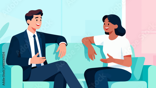 A man and a woman are sitting on a couch and talking. The man is wearing a suit and tie