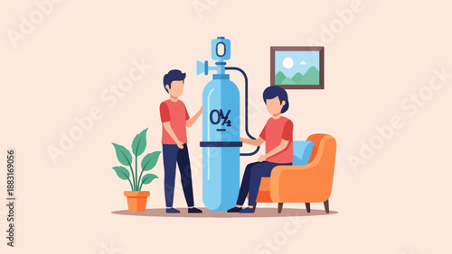 Two people near an oxygen tank in a room with plants and a picture