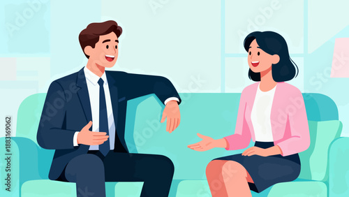 A man and a woman are sitting on a couch, talking to each other. The man is wearing a suit and tie, while the woman is wearing a pink jacket. Scene is friendly and casual